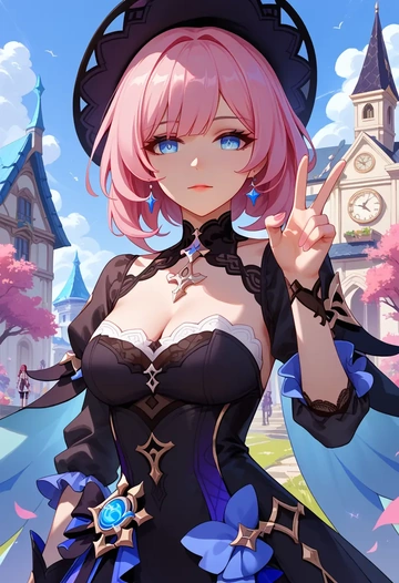 honkai_(series),elysia_(honkai_impact),witch blouse,asymmetrical skirt,striped stockings  - AI generated anime art