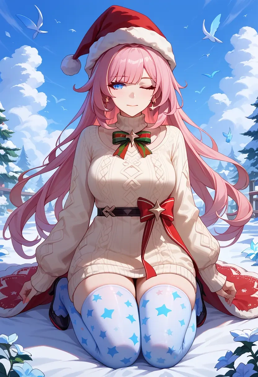 honkai_(series),elysia_(honkai_impact),Christmas,sweater dress,stockings  - 