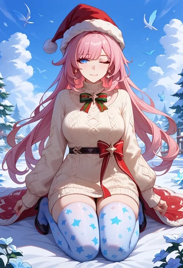 honkai_(series),elysia_(honkai_impact),Christmas,sweater dress,stockings  - AI generated anime art