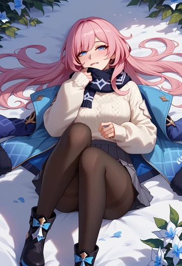 honkai_(series),elysia_(honkai_impact),winter,student uniform,puffer coat  - AI generated anime art