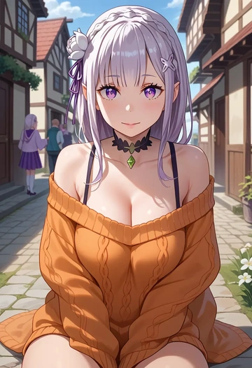 re:zero_kara_hajimeru_isekai_seikatsu,emilia_(re:zero),orange,sweater,choker  - AI generated anime art