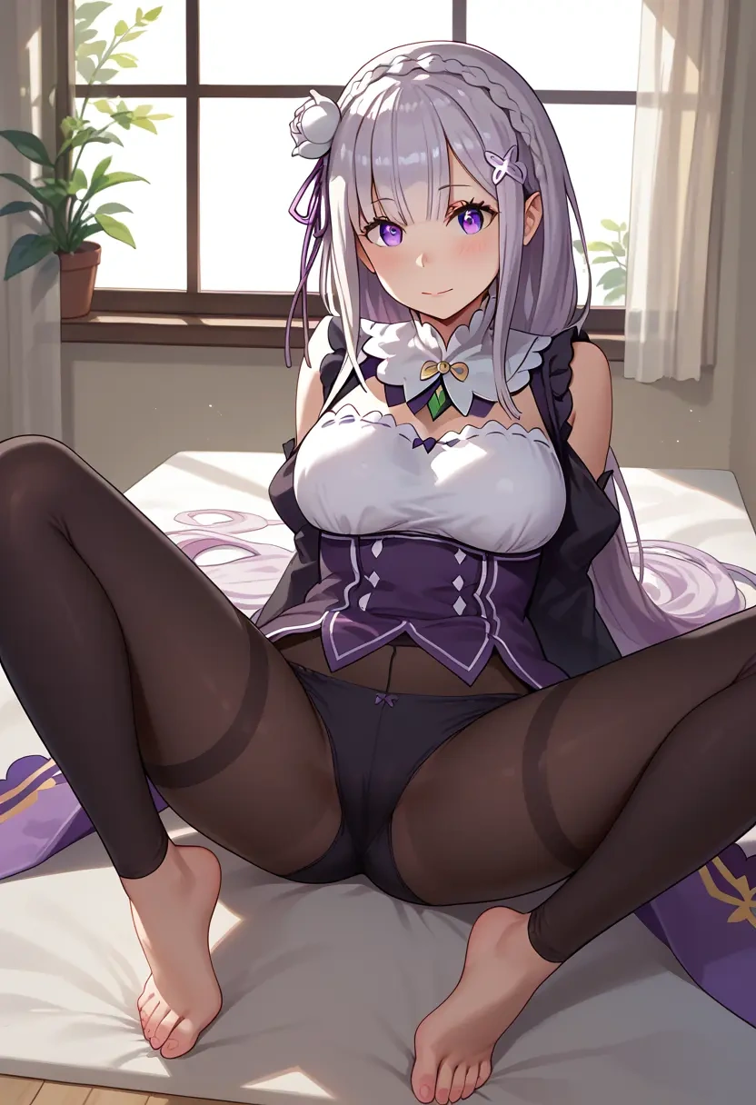 re:zero_kara_hajimeru_isekai_seikatsu,emilia_(re:zero),yoga,lying, spread legs,sexy,  - 