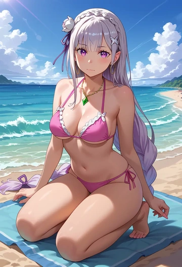 re:zero_kara_hajimeru_isekai_seikatsu,emilia_(re:zero),bikini  - AI generated anime art