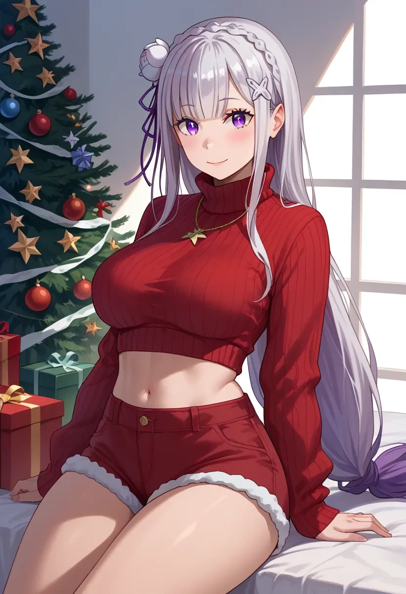 re:zero_kara_hajimeru_isekai_seikatsu,emilia_(re:zero),Christmas,red velvet shorts,turtleneck sweater  - 