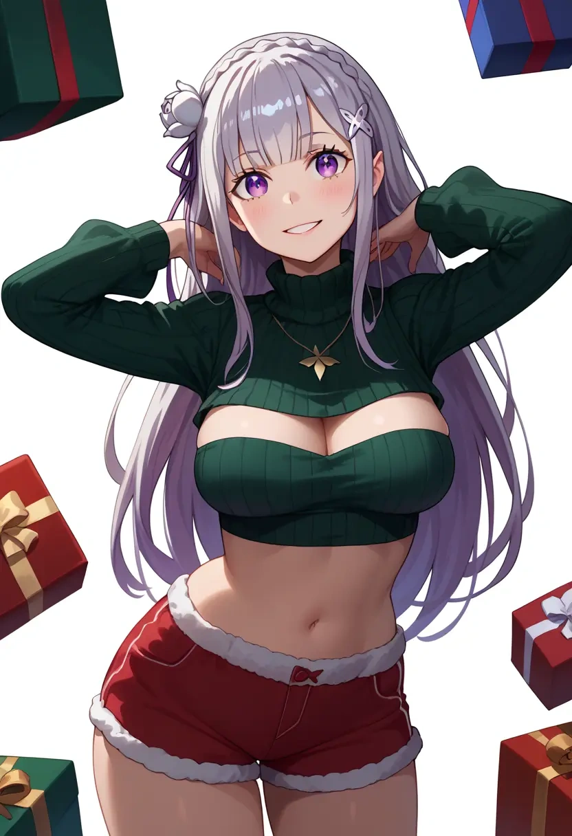 re:zero_kara_hajimeru_isekai_seikatsu,emilia_(re:zero),Christmas,red velvet shorts,turtleneck sweater  - 