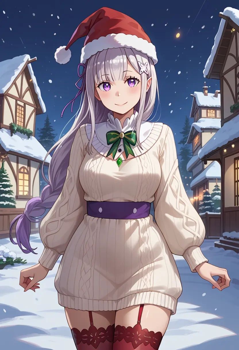 re:zero_kara_hajimeru_isekai_seikatsu,emilia_(re:zero),Christmas,sweater dress,stockings  - 