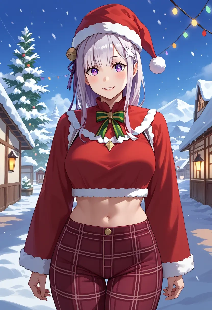 re:zero_kara_hajimeru_isekai_seikatsu,emilia_(re:zero),Christmas,plaid trousers  - 