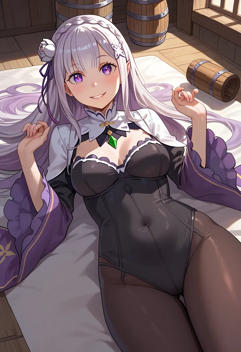 re:zero_kara_hajimeru_isekai_seikatsu,emilia_(re:zero),black widow bodysuit,spiderweb cape,leather gloves  - 