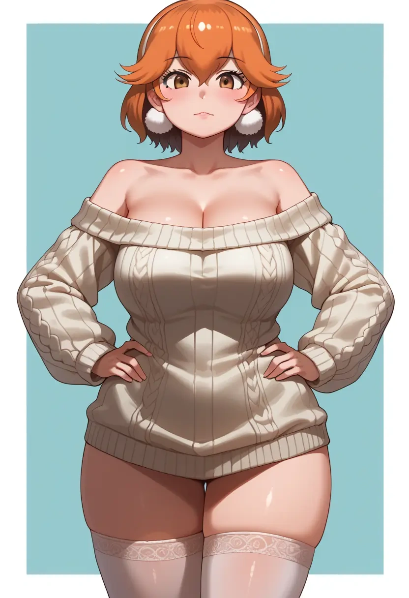 kemono_friends,emperor_penguin_(kemono_friends),Hands on hips,off-shoulder,sweater,stockings  - 