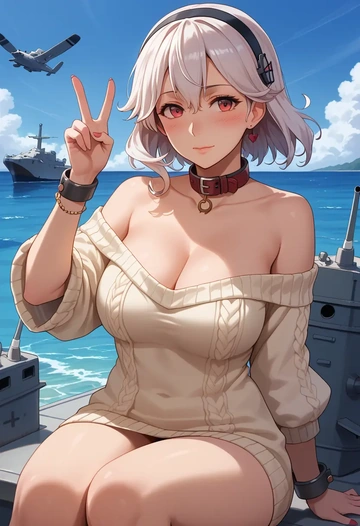 kantai_collection,enemy_aircraft_(kancolle),blushing,collar,peace sign,off-shoulder,sweater  - AI generated anime art