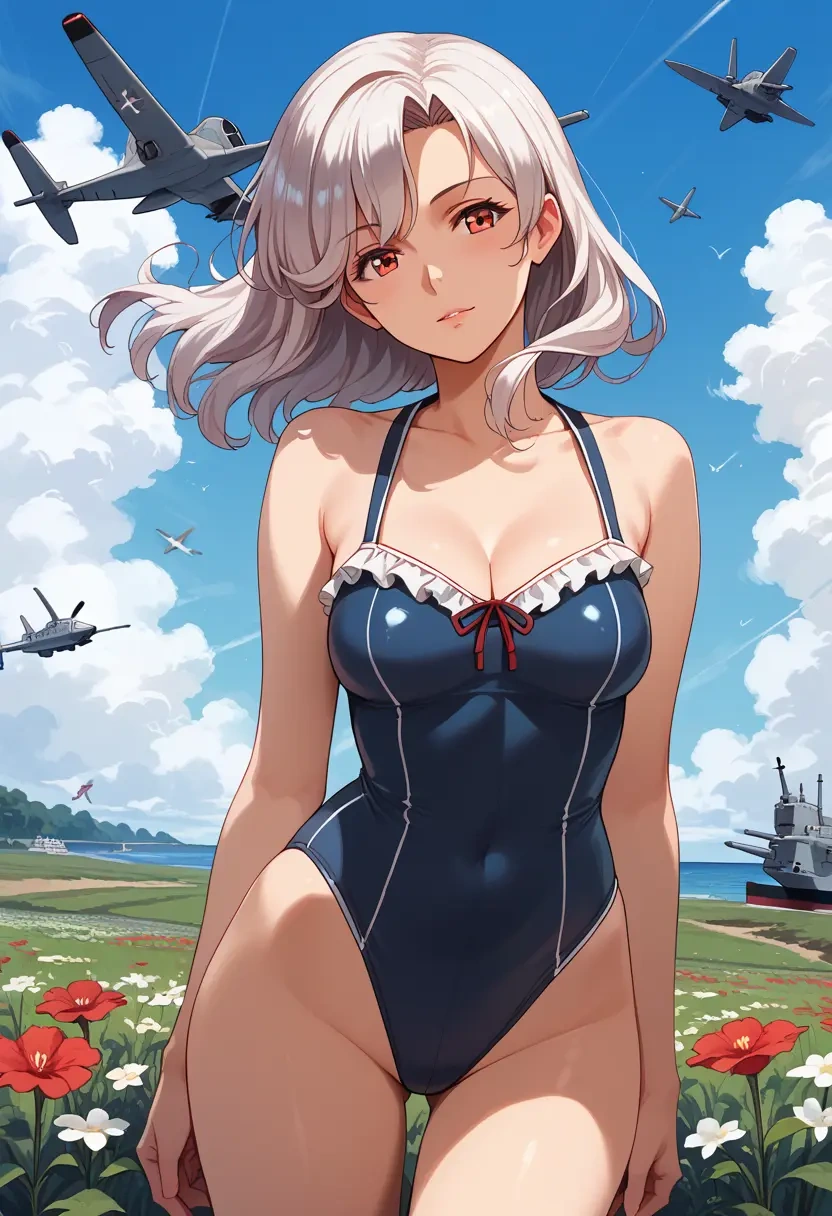 kantai_collection,enemy_aircraft_(kancolle),retro style swimsuit,frilled neckline,bow detail  - 