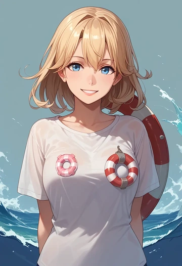 kantai_collection,enemy_lifebuoy_(kancolle),oversized graffiti shirt,dolphin shorts  - AI generated anime art