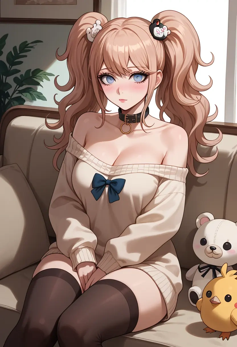 danganronpa_(series),enoshima_junko,blushing,collar,off-shoulder,sweater,stockings  - 