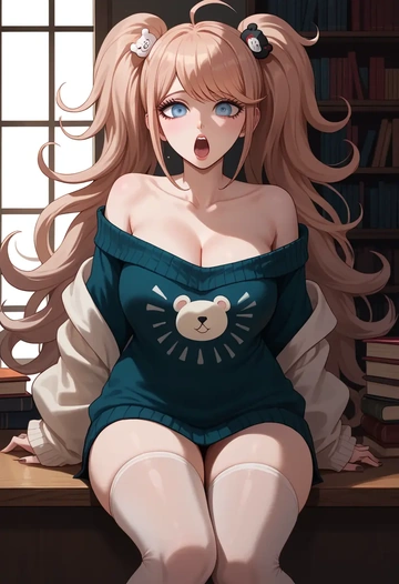 danganronpa_(series),enoshima_junko,Yawning,off-shoulder,sweater,stockings  - AI generated anime art