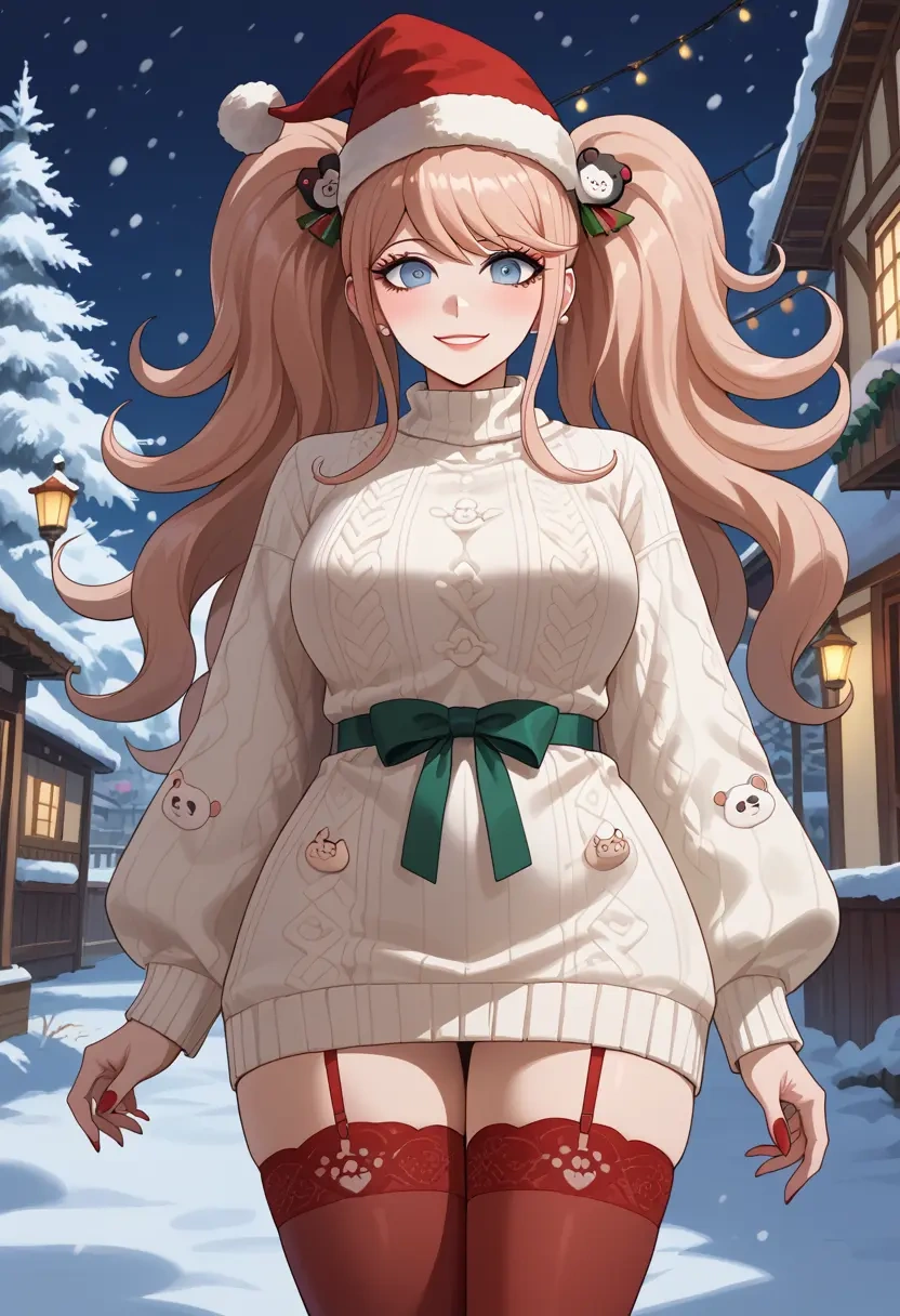 danganronpa_(series),enoshima_junko,Christmas,sweater dress,stockings  - 