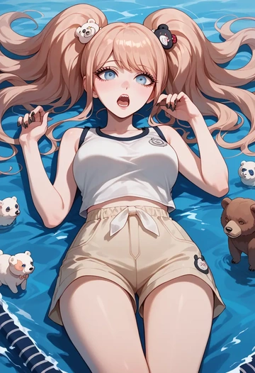 danganronpa_(series),enoshima_junko,sleeveless swim top,shorts-style bottom,contrast stitching  - AI generated anime art