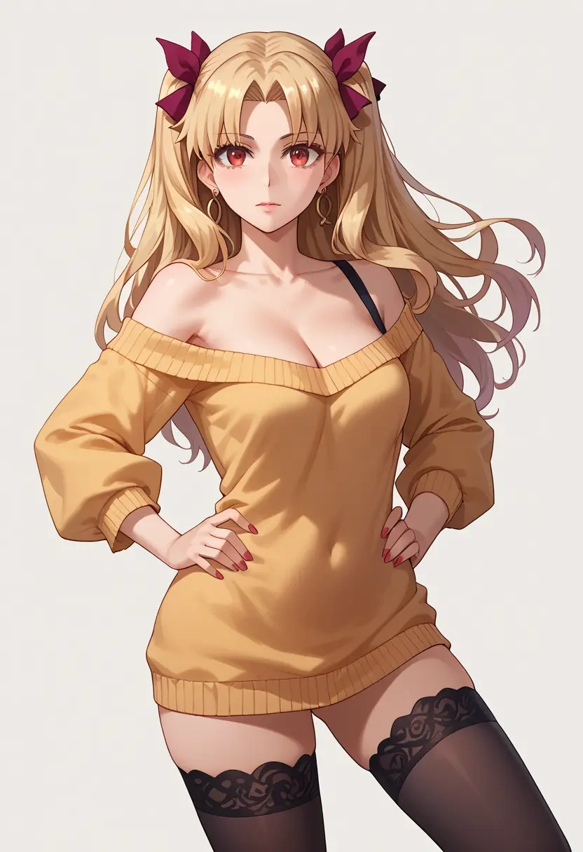 fate_(series),ereshkigal_(fate),Hands on hips,off-shoulder,sweater,stockings  - 