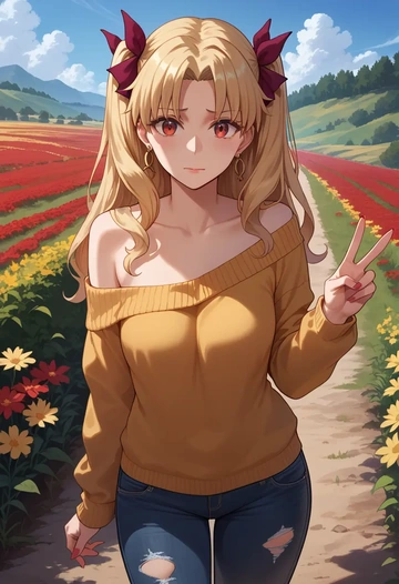 fate_(series),ereshkigal_(fate),sweater,off-shoulder,ripped jeans  - AI generated anime art