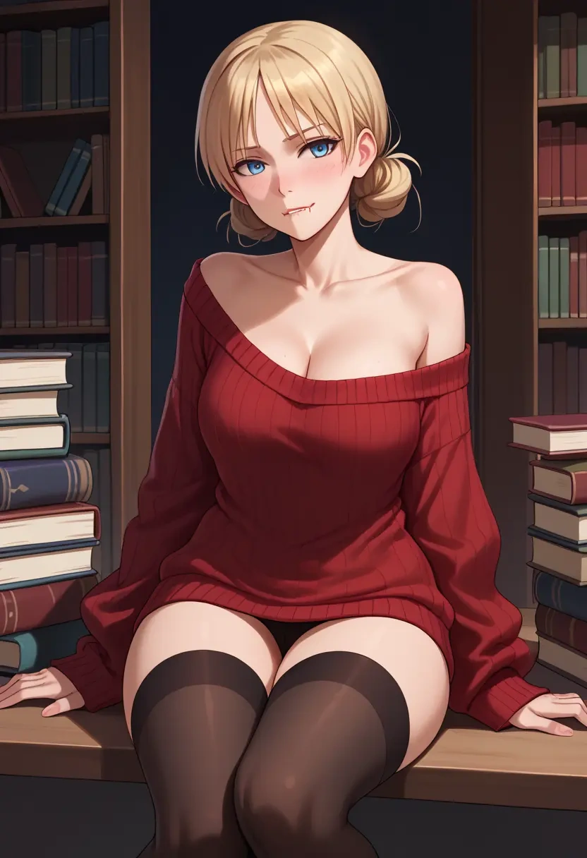 world_witches_series,erica_hartmann,Biting lip,off-shoulder,sweater,stockings  - 