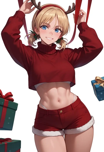 world_witches_series,erica_hartmann,Christmas,red velvet shorts,turtleneck sweater  - AI generated anime art