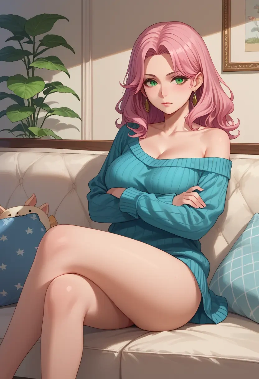 tales_of_(series),estellise_sidos_heurassein,arms crossed,off-shoulder,sweater,cross-legged  - 