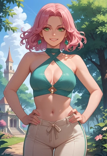 tales_of_(series),estellise_sidos_heurassein,halter top,track pants  - AI generated anime art