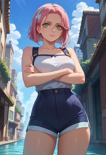 tales_of_(series),estellise_sidos_heurassein,sleeveless swim top,shorts-style bottom,contrast stitching  - AI generated anime art