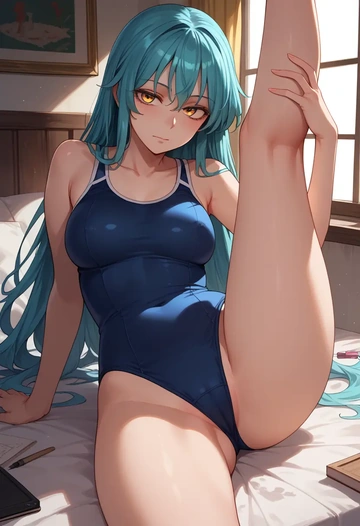 touhou,eternity_larva,school swimsuit,swimsuit,spread legs,sexy,one leg up  - AI generated anime art