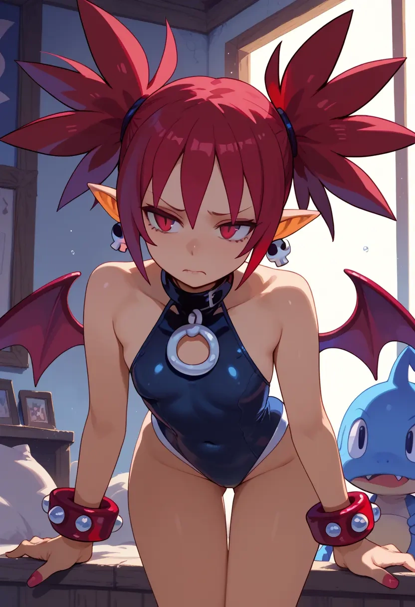 disgaea,etna_(disgaea),racerback swimsuit,striped trim,name tag patch  - 