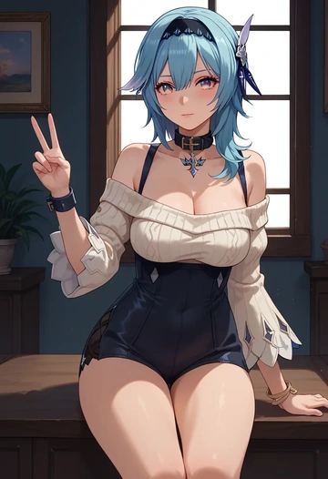 genshin impact,eula,blushing,collar,peace sign,off-shoulder,sweater  - AI generated anime art