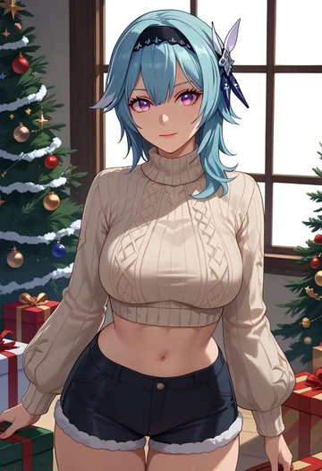 genshin impact,eula,Christmas,red velvet shorts,turtleneck sweater  - AI generated anime art