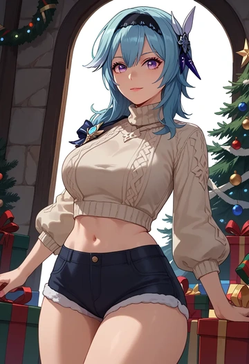 genshin impact,eula,Christmas,red velvet shorts,turtleneck sweater  - AI generated anime art