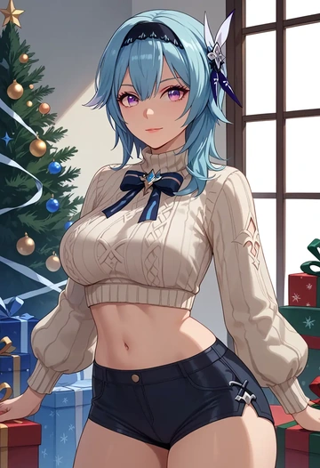 genshin impact,eula,Christmas,red velvet shorts,turtleneck sweater  - AI generated anime art