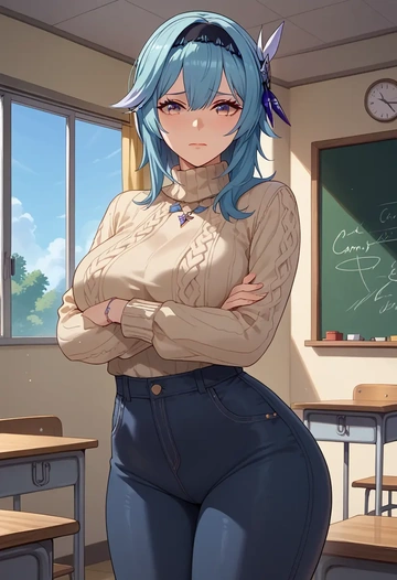 genshin impact,eula,teacher, sweater, jeans shorts  - AI generated anime art