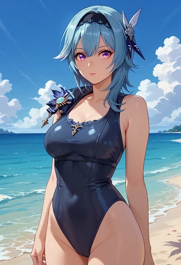 genshin impact,eula,retro style swimsuit,frilled neckline,bow detail  - AI generated anime art