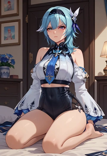 genshin impact,eula,off-shoulder top,dolphin shorts  - AI generated anime art