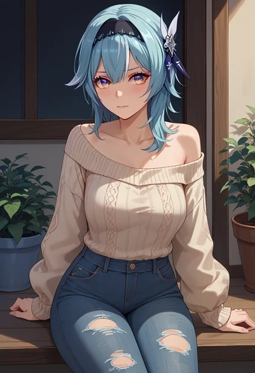 genshin impact,eula,sweater,off-shoulder,ripped jeans  - AI generated anime art