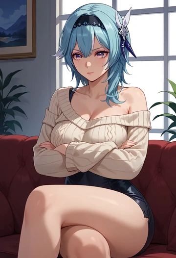 genshin impact,eula,arms crossed,off-shoulder,sweater,cross-legged  - AI generated anime art