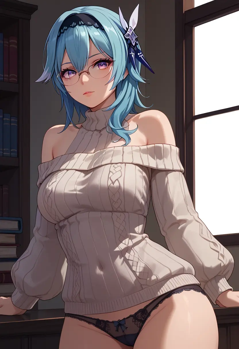 genshin impact,eula,off-shoulder,panties,glasses,sweater  - 