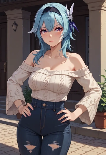 genshin impact,eula,sweater,off-shoulder,ripped jeans  - AI generated anime art