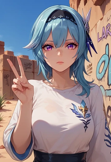 genshin impact,eula,oversized graffiti shirt,dolphin shorts  - AI generated anime art