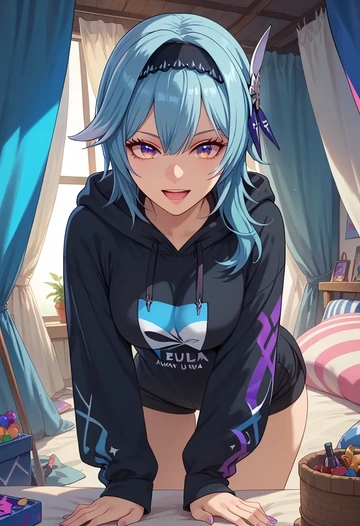 genshin impact,eula,oversized graphic hoodie,thigh-high socks,shorts  - AI generated anime art