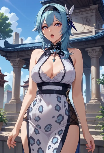 genshin impact,eula,leopard print,silk slip dress  - AI generated anime art