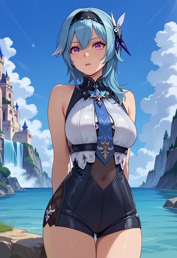 genshin impact,eula,sleeveless swim top,shorts-style bottom,contrast stitching  - AI generated anime art