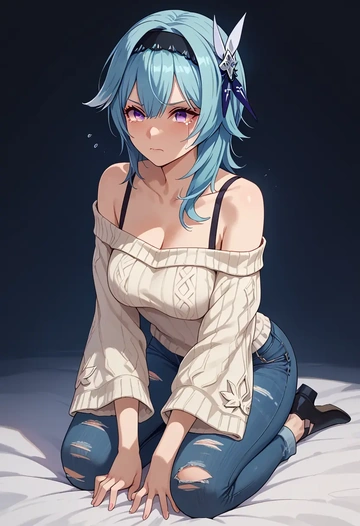 genshin impact,eula,sweater,off-shoulder,ripped jeans  - AI generated anime art