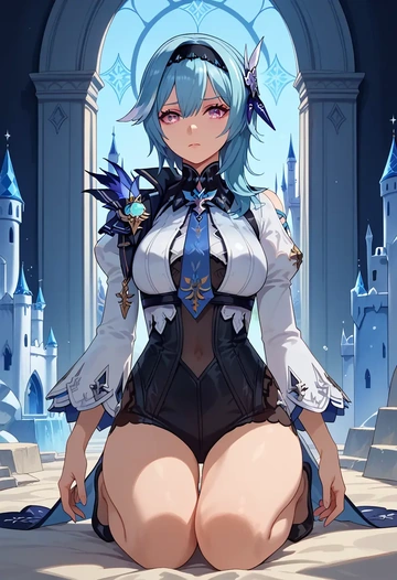 genshin impact,eula,vampire corset,lace blouse,velvet skirt  - AI generated anime art