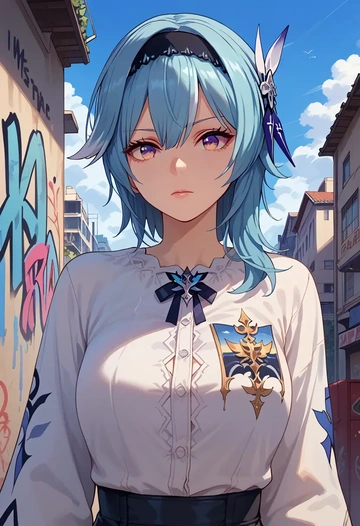 genshin impact,eula,oversized graffiti shirt,dolphin shorts  - AI generated anime art