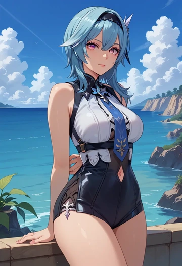 genshin impact,eula,sleeveless swim top,shorts-style bottom,contrast stitching  - AI generated anime art