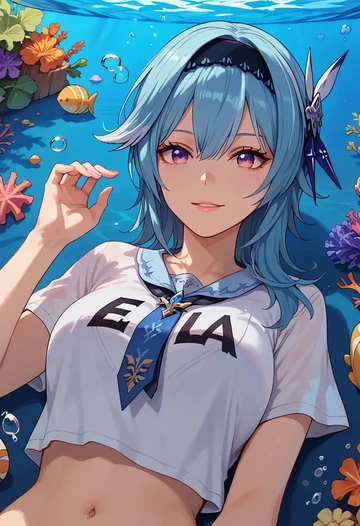 genshin impact,eula,crop graffiti tee,dolphin shorts  - AI generated anime art