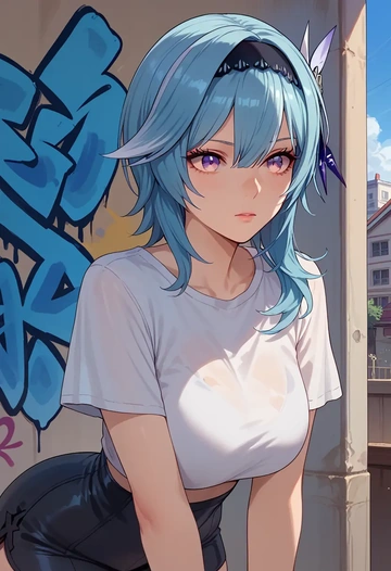 genshin impact,eula,crop graffiti tee,dolphin shorts  - AI generated anime art